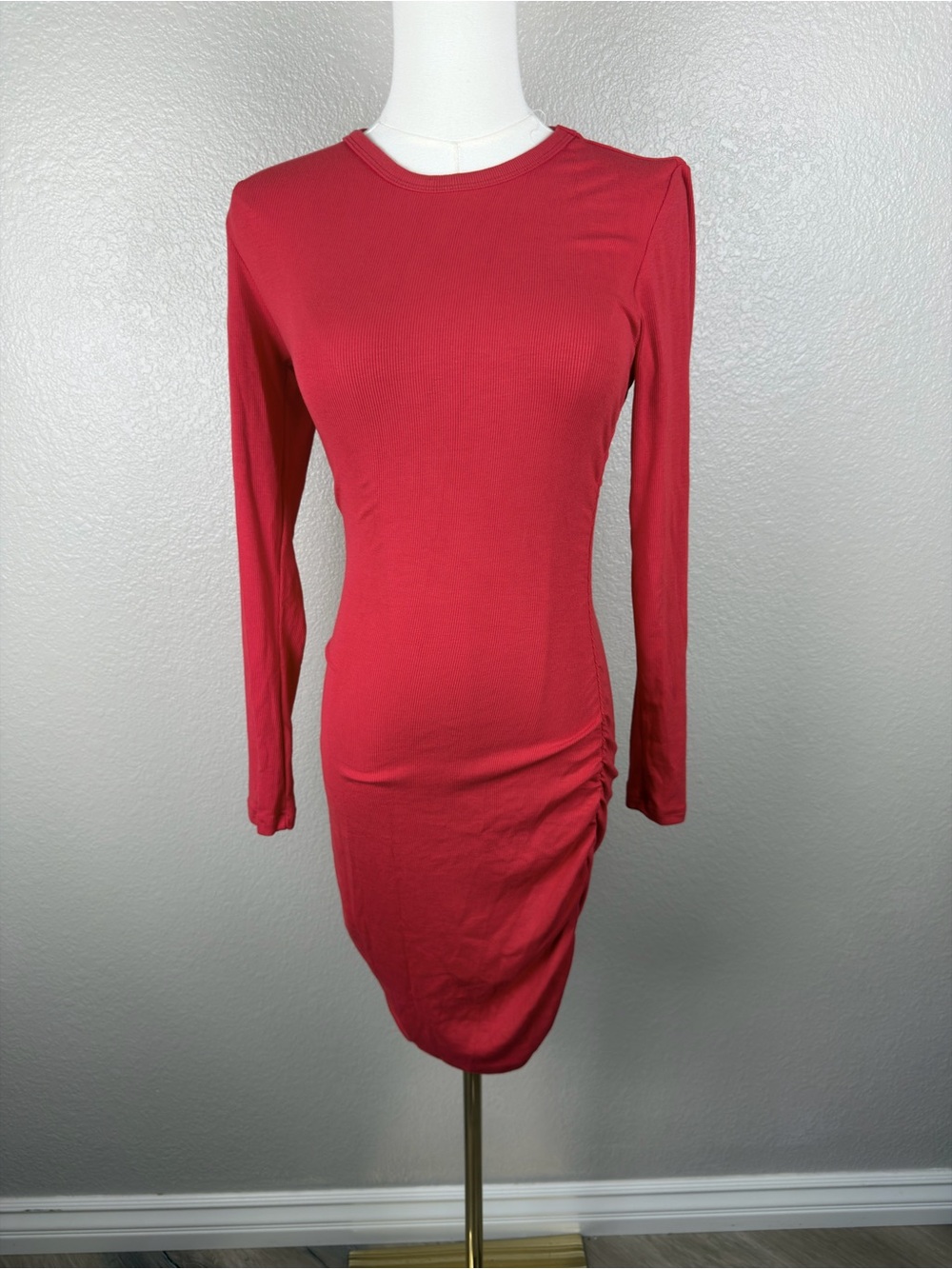 NWT Slim Long-Sleeve Red Midi Dress with Side Ruching, Small